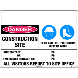 Danger Construction Site, Head and Foot Protection Must be Worn Sign