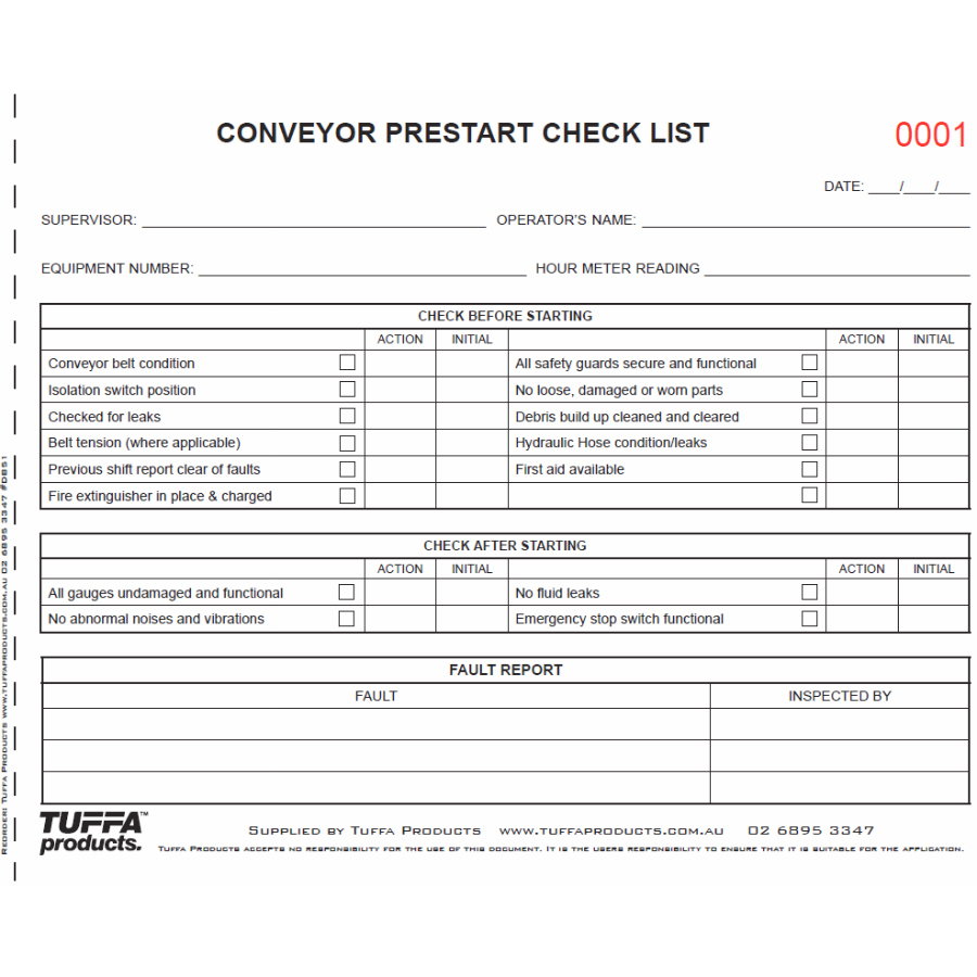 Conveyor PreStart Checklist Books