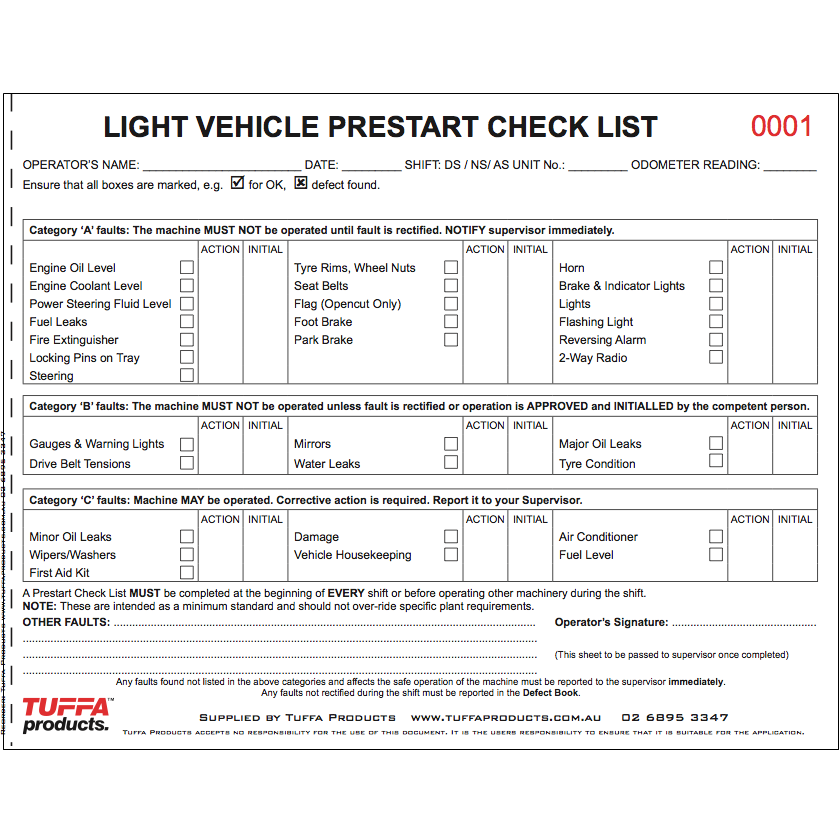 Light Vehicle Prestart Checklist