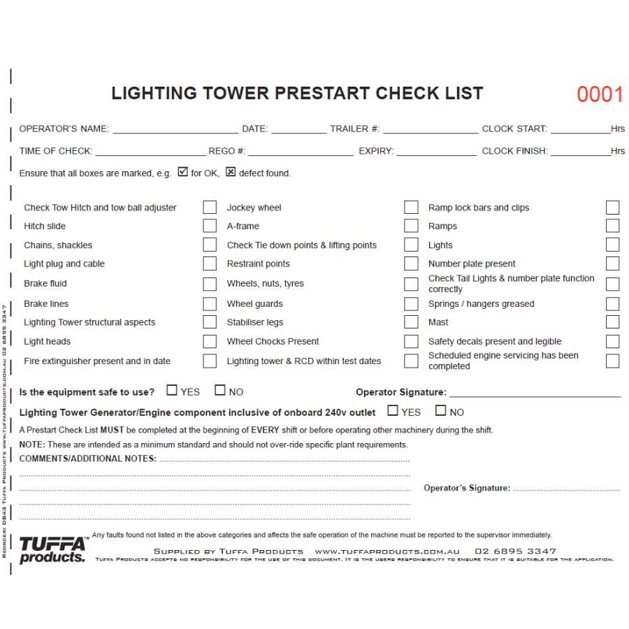 Lighting Tower Prestart Checklist