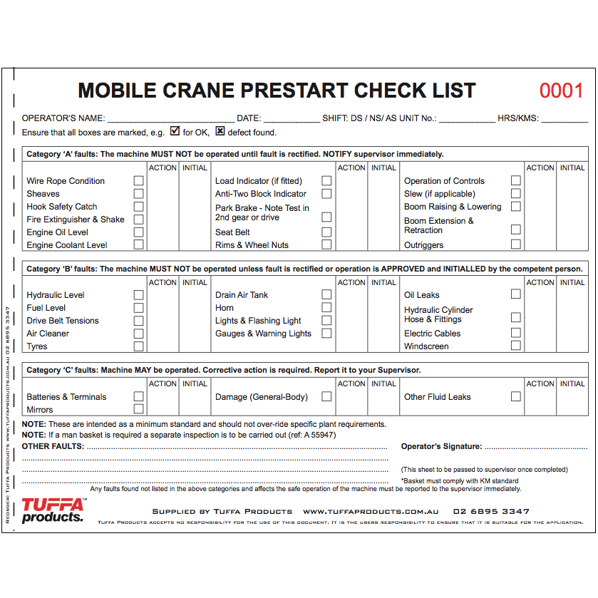 Mobile Crane Prestart Checklist