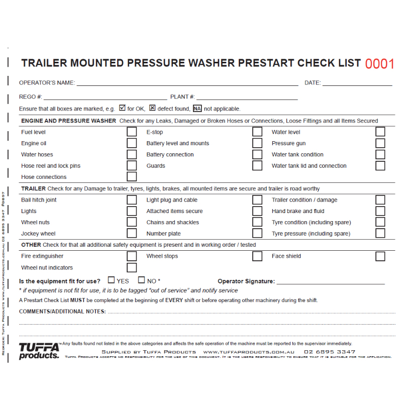Trailer Mounted Pressure Washer Prestart Book